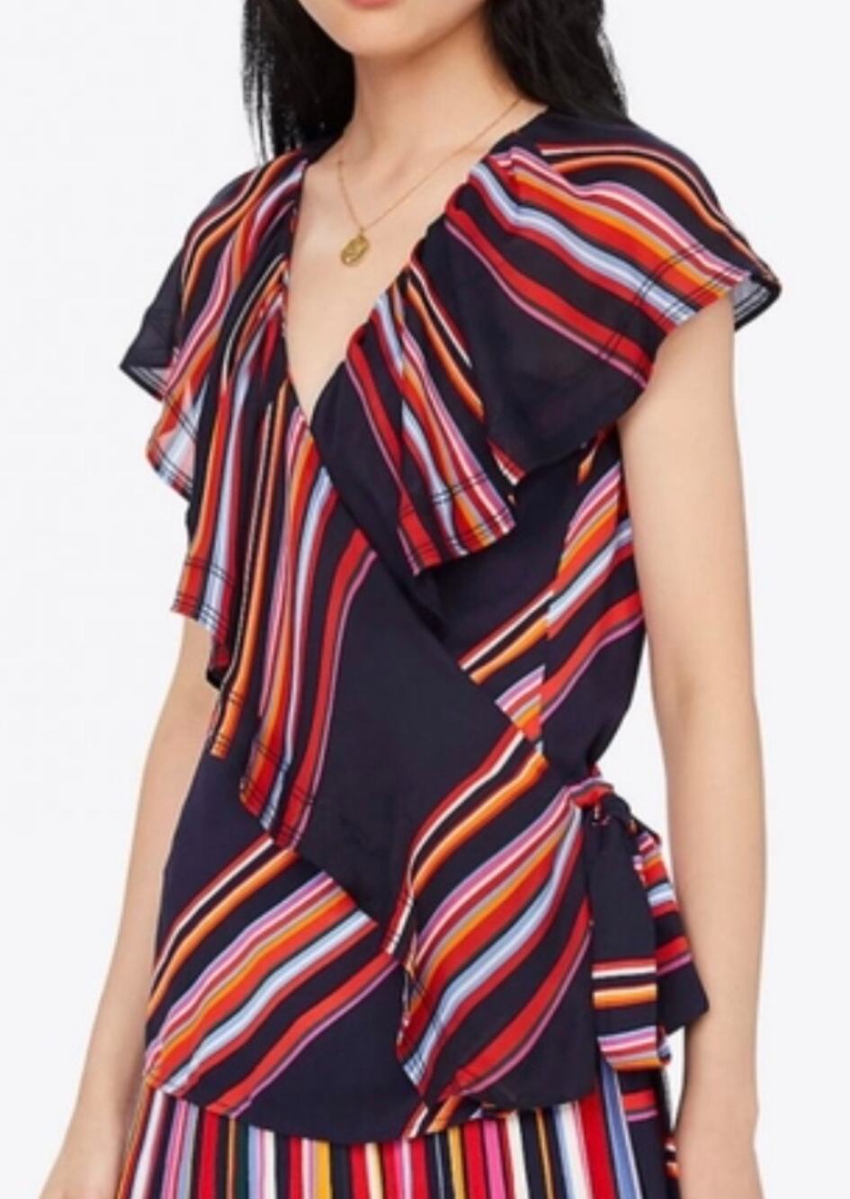 Tory Burch Blouse Adelia Blue & Red Vivid Stripe Sleeveless Wrap Top size 12